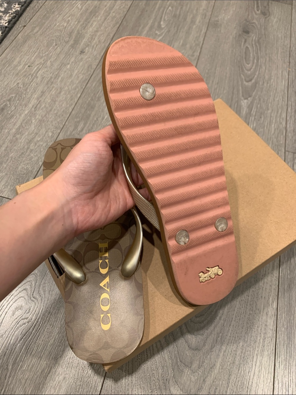 Coach Brown Signature Pattern Flip Flop Sandals with Gold Logo - Picture 3 of 5